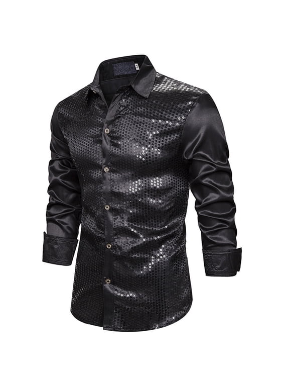 Mens Sequins Shirts Button Down Long Sleeve Slim Fit 80s Disco Party Blouses Sparkle Glitter Shiny Rave Tops Clubwear,Black,M