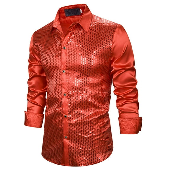Tiweut Mens Sequins Shirts Button Down Long Sleeve Slim Fit 80s Disco Party Blouses Sparkle Glitter Shiny Rave Tops Clubwear,Red,S