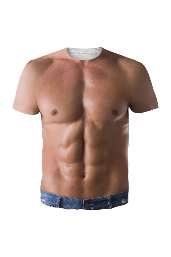 Mens Short Sleeve T Shirt Muscle 3D Print Round Neck Funny Novelty Pattern Blouse