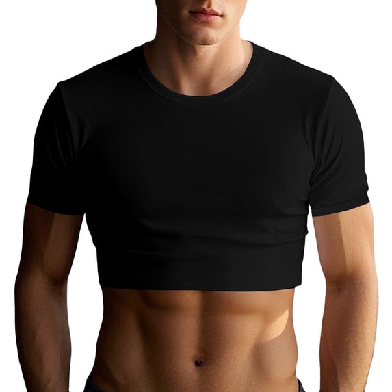 Tiweut Mens Short Sleeve T Shirt Solid Color Crop Crew Neck Summer Workout Blouse