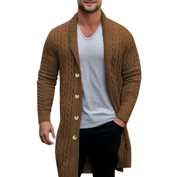Tiweut Mens Sweaters Fuzzy Long Sleeve Sweater Cardigan Button Knit Front Open Long-Length Blouses Brown,XL