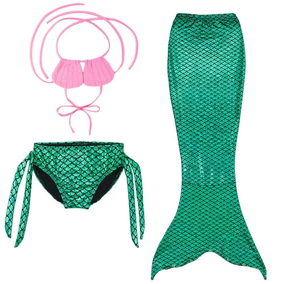 Tiweut Girls Bathing Suit 3Pcs Sequin Top, Bikini Bottoms Fish Tail Swimsuit Kids Beach Pool Swimwear,Green