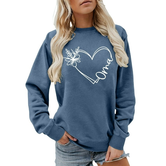 Tiweut Mom Life Sweatshirt Women Cute Wildflower Oma Love Heart Graphic Shirt Funny Mama Gifts Long Sleeve Pullover Tops,Blue,L