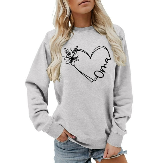 Tiweut Mom Life Sweatshirt Women Cute Wildflower Oma Love Heart Graphic Shirt Funny Mama Gifts Long Sleeve Pullover Tops,Grey,S