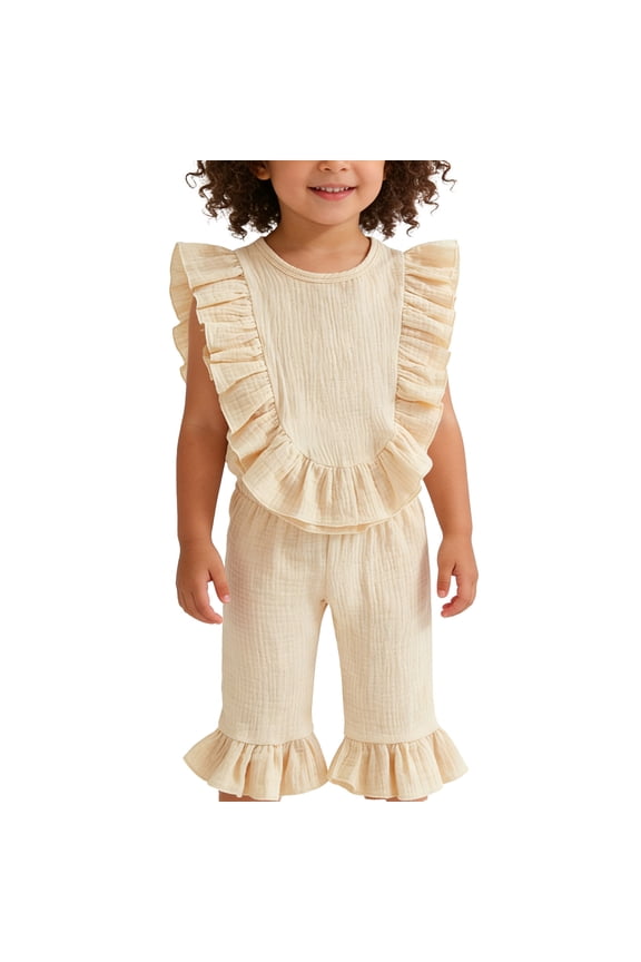 Outfit Set Girls Pure Color Linen Ruffled Sleeve Vest and Pants Two Piece Summer Suits,6-12 M