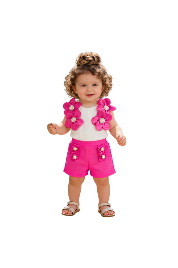 Outfit for Girls Summer Toddler Sleeveless Floral Ruffles Vest and Shorts Cloth Suit,12-18 M