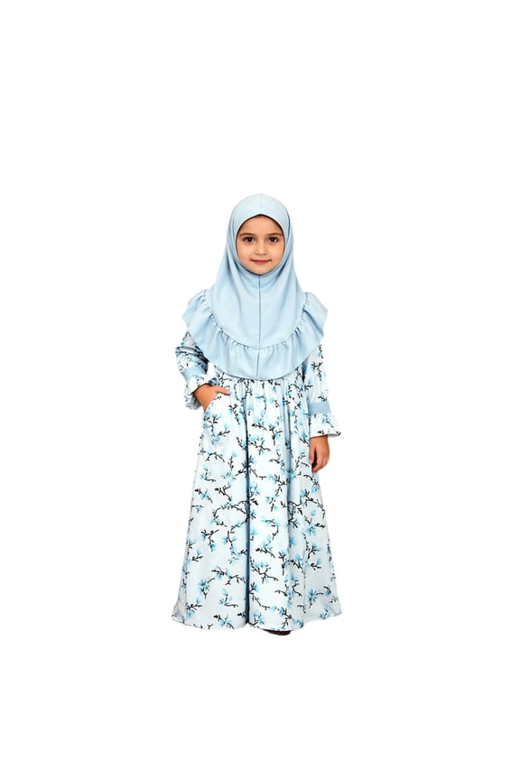 Outfits Girls Long Sleeve Floral Print Dress Hijab Scarf Abaya Party Clothes Set,4-5 Y