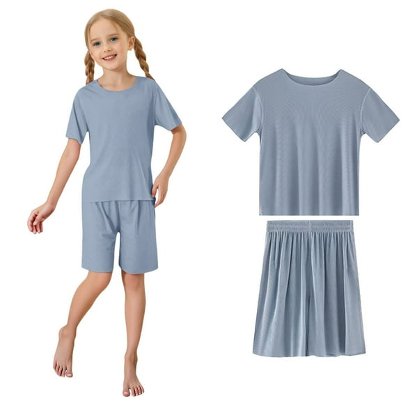 Tiweut Outfits for Girls Summer Ice Silk Round Neck Short Sleeve Tops and Shorts Toddler Kids Relaxed Fit Girl's Clothes Suits 8-9 Y