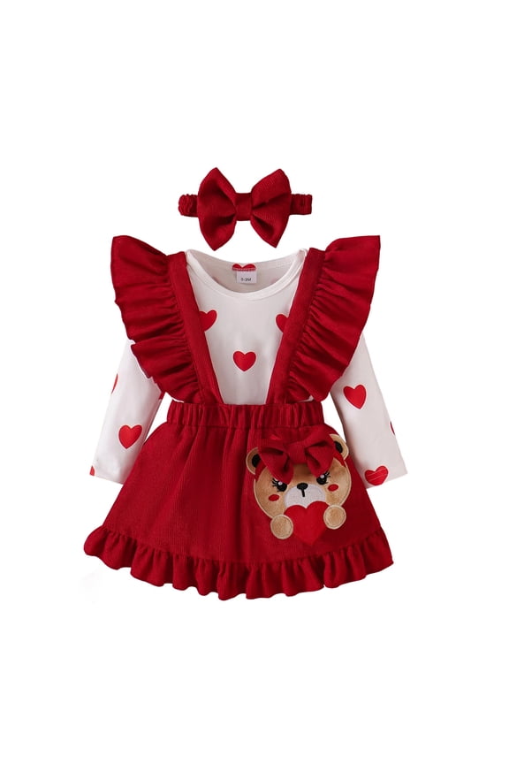 Outfits for Girls Valentine's Day Heart Romper Overalls Headband 3 Piece Cloth Sets,0-3 M