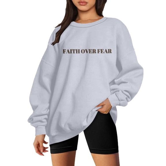 Tiweut Oversized Christian Sweatshirt Women Faith Over Fear Sweater Christian Religious Sayings Pullover Long Sleeve Shirt,Grey,L