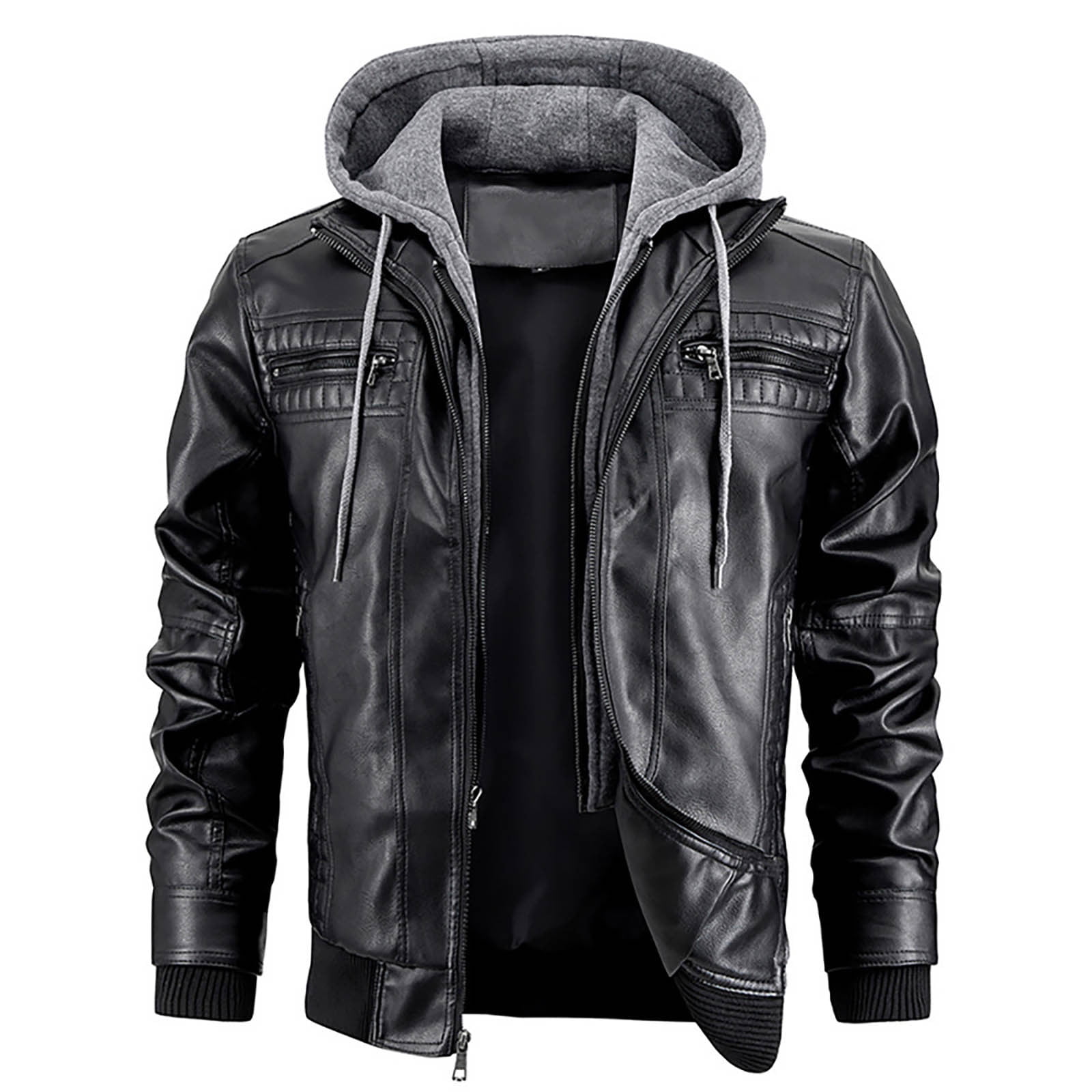 Tiweut PU Leather Jackets for Mens Mens Fall and Winter Long Sleeve Hooded Outdoor Style Coat Tops Black,M