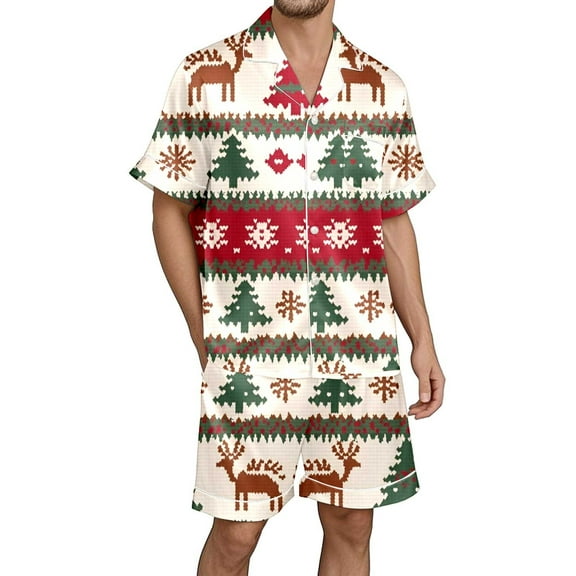 Tiweut Pajamas Sets for Mens 2 Piece Christmas Santa Floral Plaid Print Short Sleeve Lapel Button Down Shirts and Shorts Cozy Holiday Wear for Festive Nights Sleepwear Suit,E-White,S
