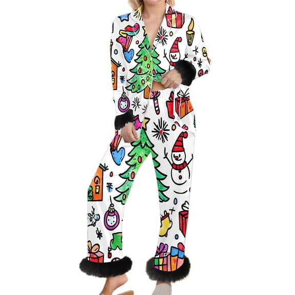 Tiweut Pajamas Sets for Womens 2 Piece Christmas Long Sleeve Lapel Santa Cartoon Graphic Print Tops and Pants Hem Home Wear Ladies Sleepwear Set,D-White,M