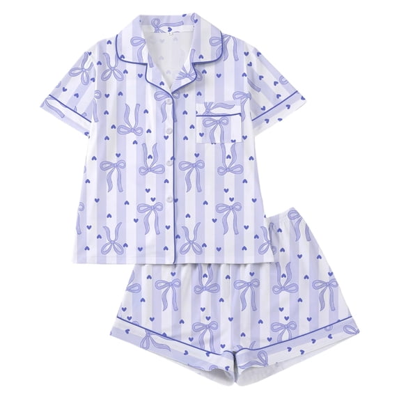 Tiweut Pajamas for Women Set Short Sleeve Bow Print Lapel Short Sleeve Shirts and Shorts Cloth Outfits