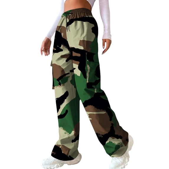 Tiweut Pants Women Camo Print Wide Leg Elastic Waist Loose with Pocket Regular Trousers