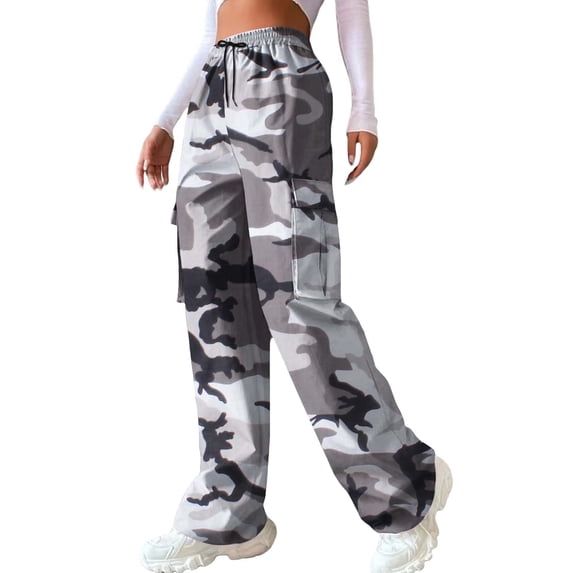 Tiweut Pants Women Camo Print Wide Leg Elastic Waist Loose with Pocket Regular Trousers
