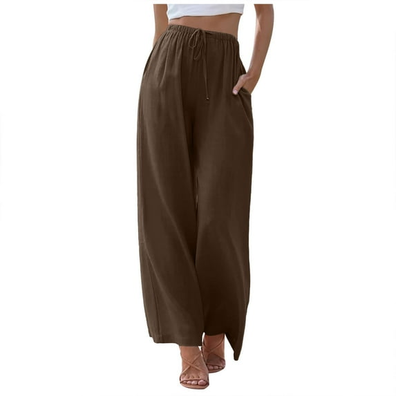 Tiweut Pants Women Linen High Waisted Wide Leg Palazzo Summer Drawstring Flowy with Pockets Regular Trousers