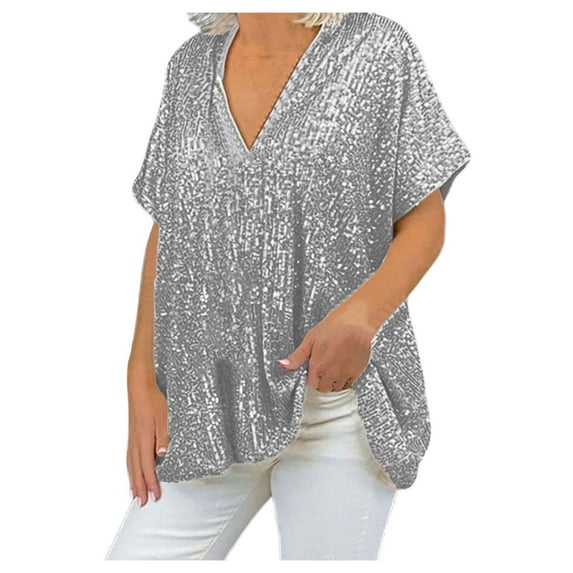 Tiweut Plus Size Sequin Tops for Women Sparkly Blouses Loose Half Sleeve Evening Party Shirts Festival Outfits,Silver