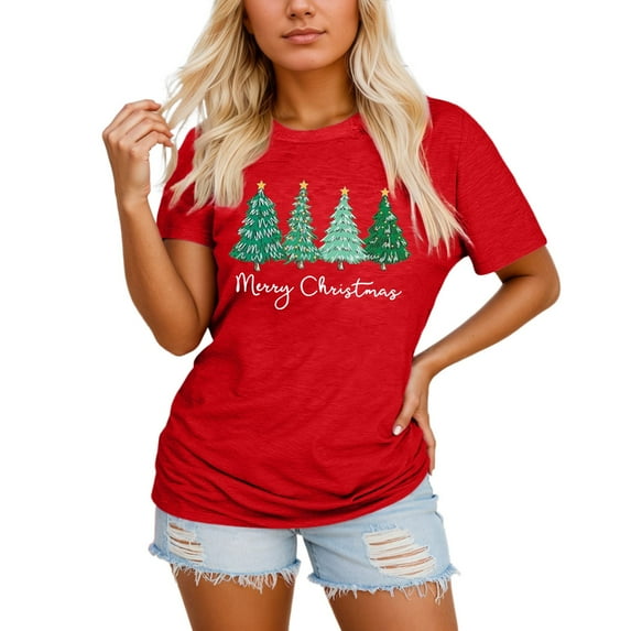 Tiweut Plus Size Tree Tshirt Womens Merry Graphic Tee Bright Short Sleeve,Red