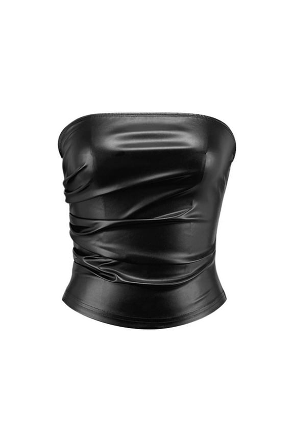 Plus Size Women Leather Tube Top Ruched Strapless Corset Club Party Rave Going Out Tees Shirts,Black