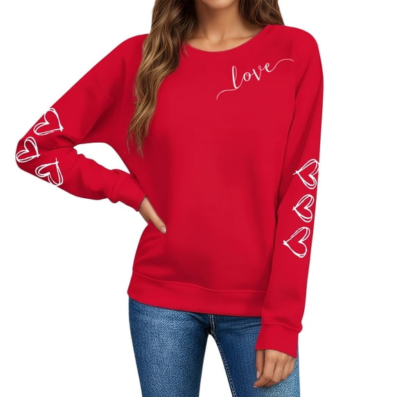 Tiweut Round Neck Sweatshirt for Women Valentine's Day Heart Print Sweatshirt Long Sleeve Pullover Hoodless Regular Blouse