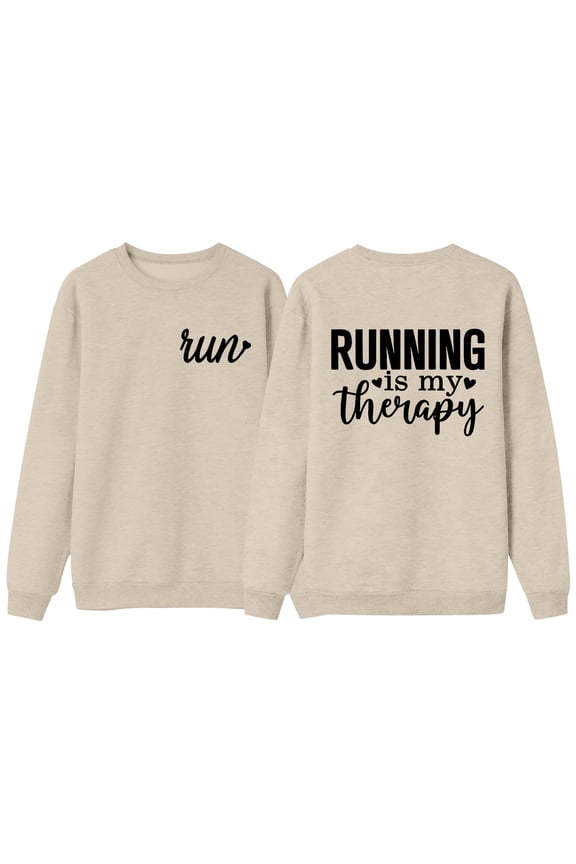 Running Is My Therapy Sweatshirt Funny Runner Quotes Shirt Running Lover Gift Women Casual Long Sleeve Pullover Tops,A-Beige,Beige