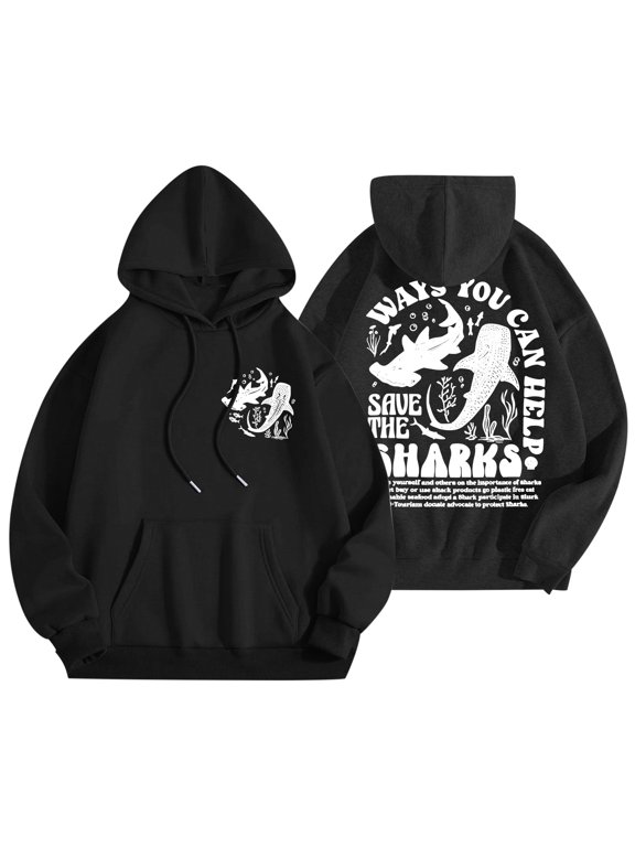 Save the Whale Sharks Hoodie for Women Ocean Letter Aesthetic Graphic Sweatshirts Preppy Long Sleeve Pullover Tops,A-Black,Black