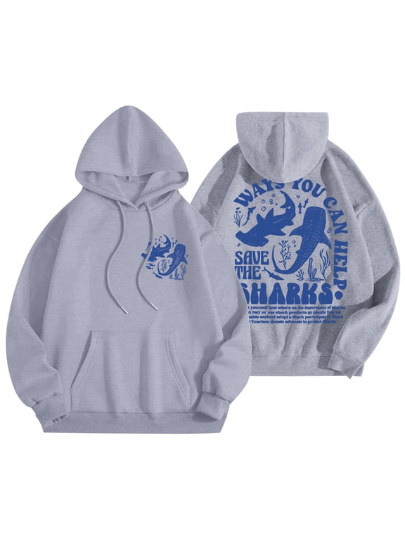 Save the Whale Sharks Hoodie for Women Ocean Letter Aesthetic Graphic Sweatshirts Preppy Long Sleeve Pullover Tops,A-Grey,Grey