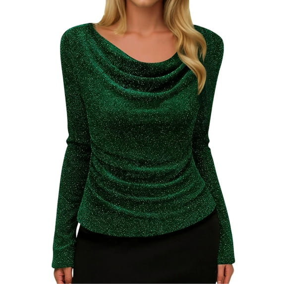 Tiweut Sequin Tops for Women Long Sleeve Sparkly Evening Blouse Velvet Glitter Party Dressy,Dark Green