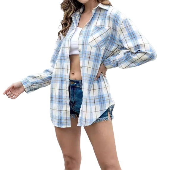 Tiweut Shirts Women Long Sleeve Lapel Checkered Pockets Button Loose Relaxed Fit Tops
