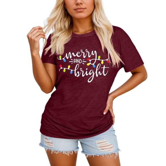 Tiweut Shirts Womens Merry and Bright Shirt Xmas Holiday Tshirt Christmas Lights Tee Tops,