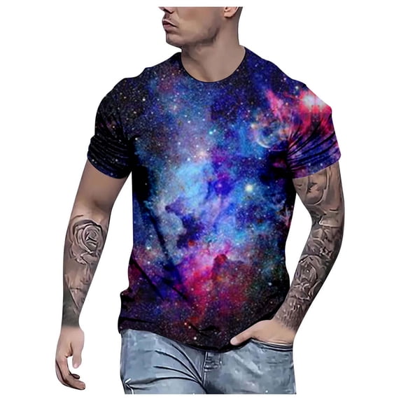 Tiweut Short Sleeve T Shirt for Men 3D Digital Print Starry Sky Crew Neck Tops