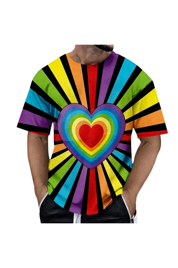 Short Sleeve T Shirt for Men Wide Striped Round Neck Basic Colorful Rainbow Color Tops