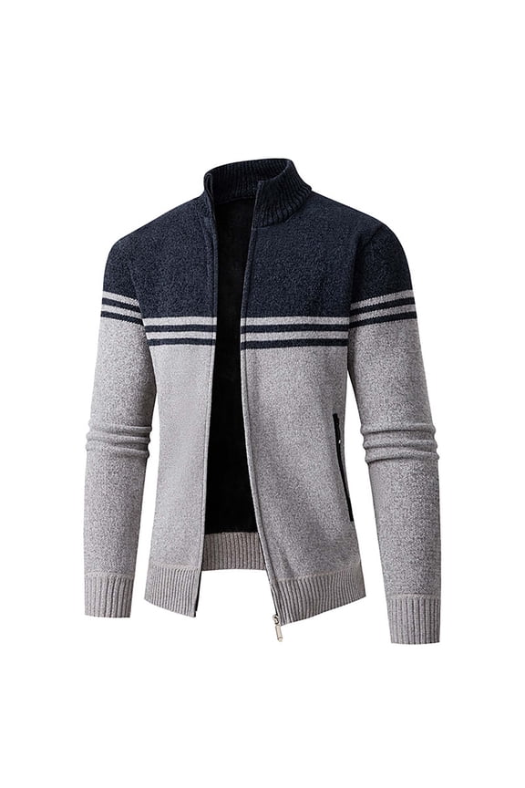 Sweaters Coat for Men Fall and Winter Zipper Long Slee Turtleneck Velvet Knitted Cardigan Regular Tops Navy,XL