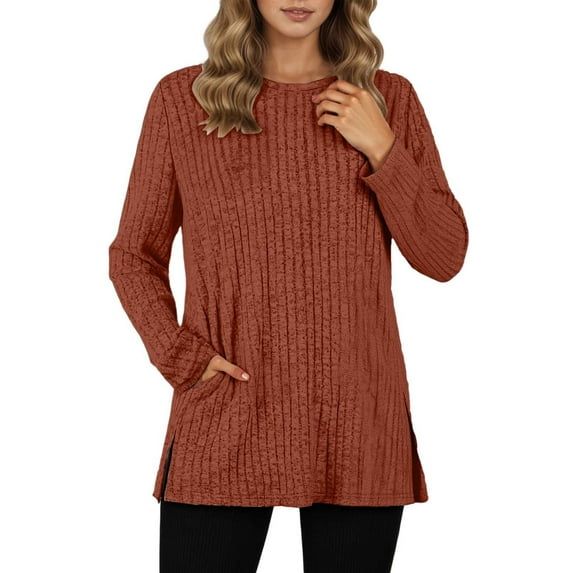 Tiweut Sweaters for Womens Fall and Winter Casual Pullover Crew Neck Long Sleeved Pure Color Striped Blouses,B-Red,M