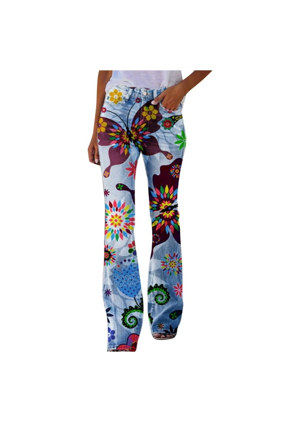 Sweatpants Women Bootcut Distressed Flared Leg Long Elastic Waist Flower Print Denim Trousers