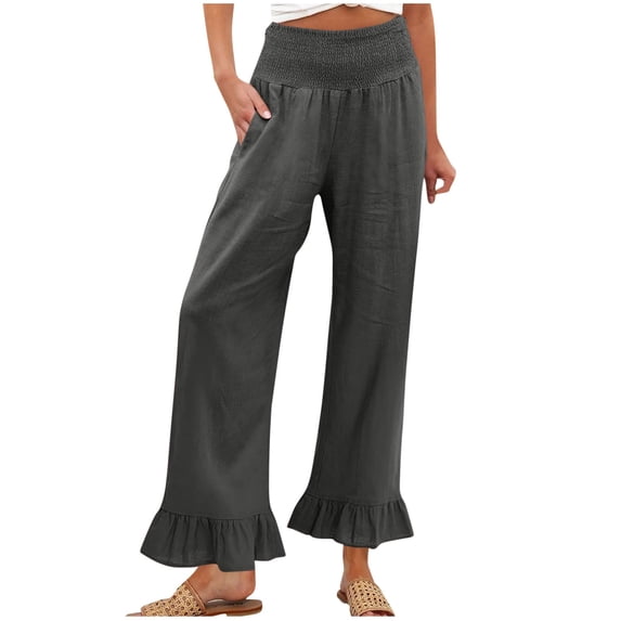 Tiweut Sweatpants Women Floral Lace Summer Long Elastic Waist Wide Leg Solid Color Trousers