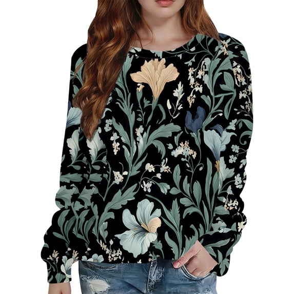 Tiweut Sweatshirt Women Floral Print Sweatshirt Loose Pullover Hoodless Crewneck Long Sleeve Lady Tops