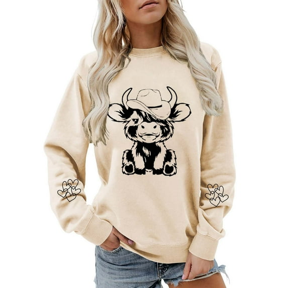 Tiweut Sweatshirts for Women Cow Print Tops Long Sleeve Hoodless Pullover Crew Neck Ladies Classic Blouses,Z1 Beige,L