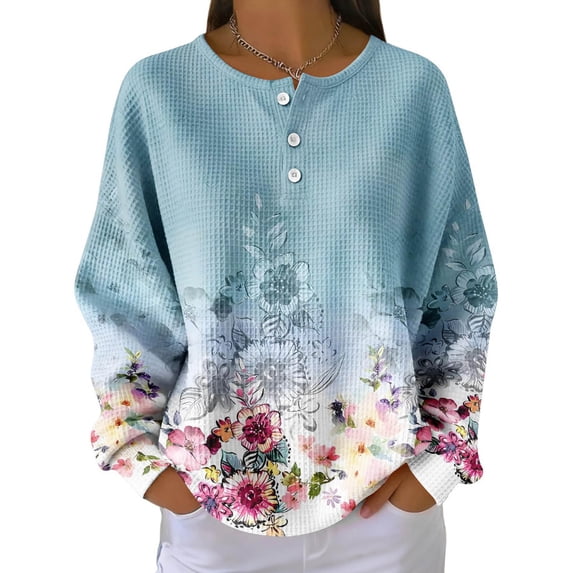 Tiweut Sweatshirts for Women Floral Print Button Front Hoodless Sweatshirt Pullover Long Sleeve Crewneck Blouse