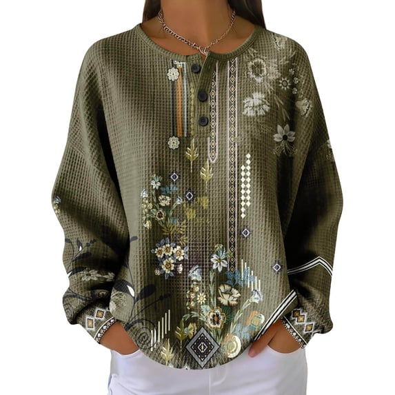 Tiweut Sweatshirts for Women Floral Print Button Front Hoodless Sweatshirt Pullover Long Sleeve Crewneck Blouse