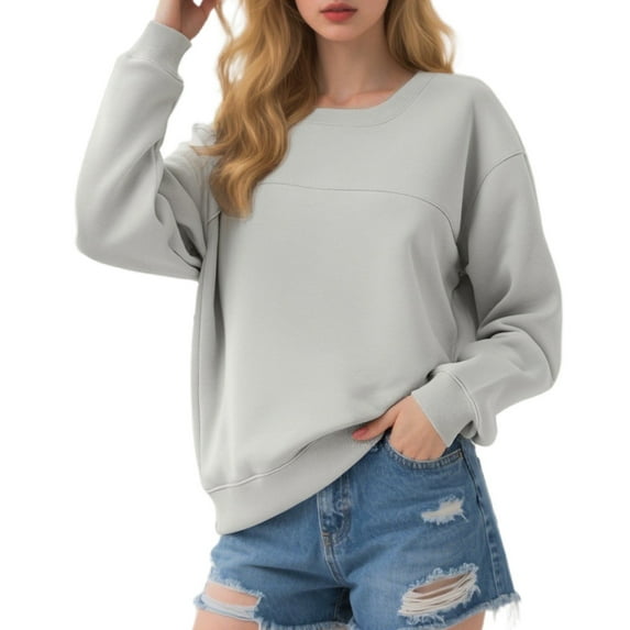 Tiweut Sweatshirts for Womens Heavyweight Pure Color Crewneck Long Sleeve Patchwork Fall Fashion Casual Streetwear Loose Pullover Top,Grey,S