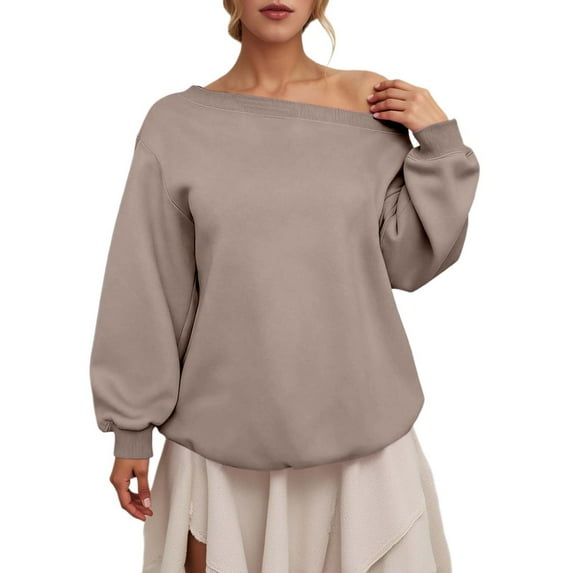 Tiweut Sweatshirts for Womens Solid Color Solid Color Slanted Neck Long Sleeve Loose Fit Pullover Blouses Khaki,M