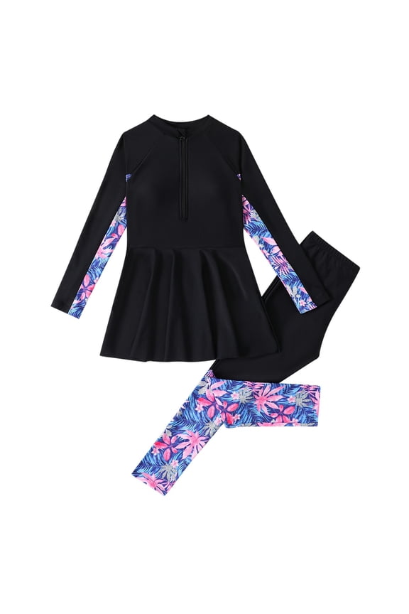 Swimsuit for Girls Long Sleeve Full Body Swimwear Rash Guard Modest Bathing Suit,Black
