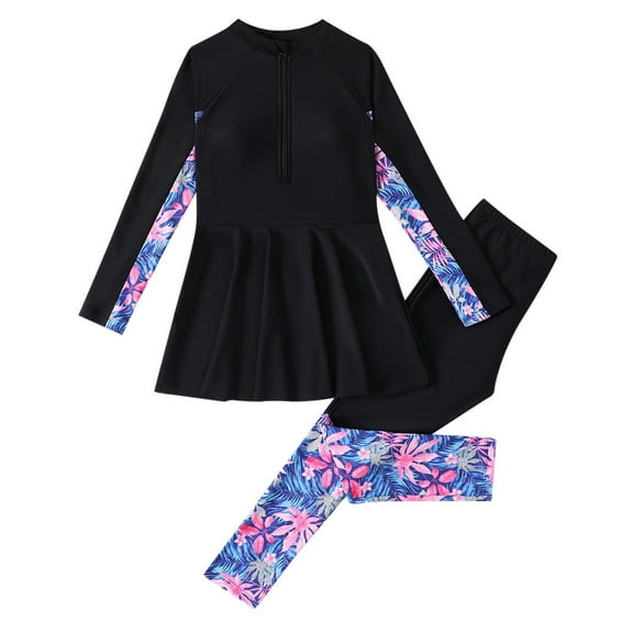 Tiweut Swimsuit for Girls Long Sleeve Full Body Swimwear Rash Guard Teens Modest Bathing Suit,Black