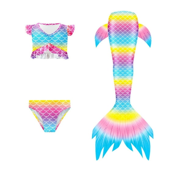 Tiweut Swimsuits for Girls Swimming Bikinis Set Tail Baby Sleeveless Role Swimming Three Piece Set Rash Guard Relaxed Fit Girl Swimwear 12-13 Y