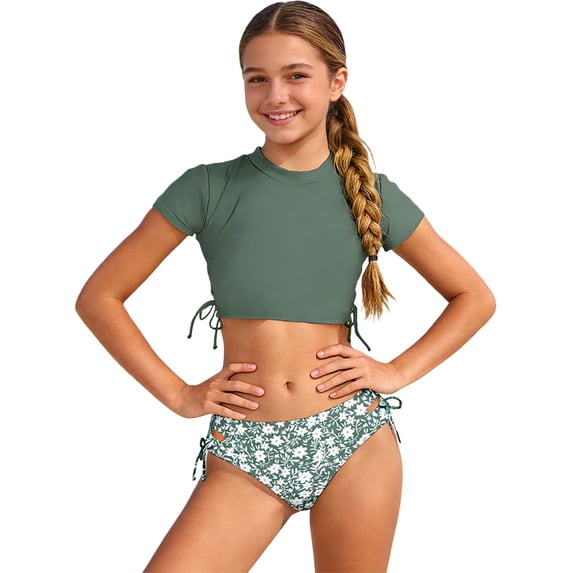 Tiweut Swimsuits for Girl 2 Piece Bikini Floral Print Crop Tops and Bottom Beach Sports Swimwear 15-16 Y