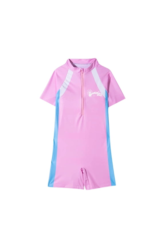 Swimsuits for Girls Kids Short Sleeve Rash Guard Jumpsuit Sun Surf Regular Swimwear 5-7 Y