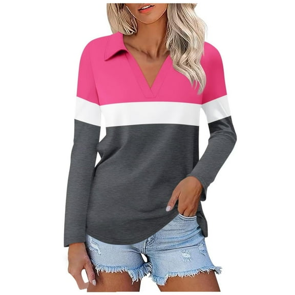 Tiweut T Shirt for Woman Long Sleeve Lapel V Neck Color Block Top,Hot Pink