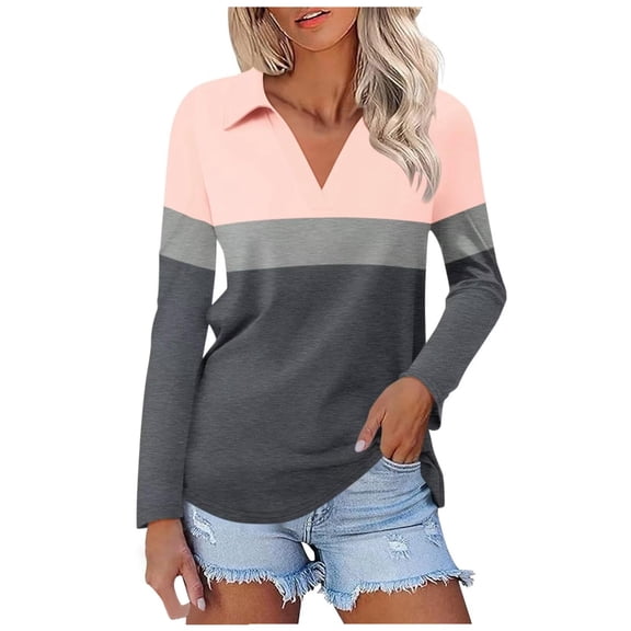 Tiweut T Shirt for Woman Long Sleeve Lapel V Neck Color Block Top,Pink